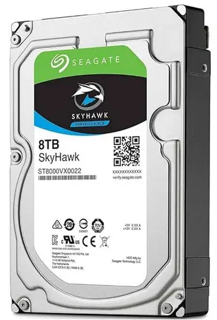 Disco duro Seagate skyhawk, capacidad de 8.0 TB, conexión SATA III, especial para uso continuo 24/7.